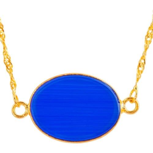SUNYIK Oval Blue Cats Eye Stone Side Ways Connector Pendant Jewelry (Free Chain)