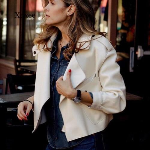 2021 Spring and Autumn New Ladies Leather Jacket Pu Lapel Pocket Short Coat Womens Clothing