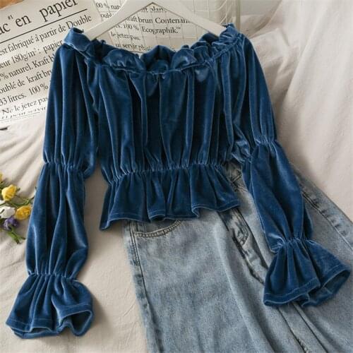 20 New Autumn Women Gold Velvet Blouse Girl Slash Neck Shirt Spring Long Sleeve Blousas Basic Tops Pullovers Bottomings WZ1293