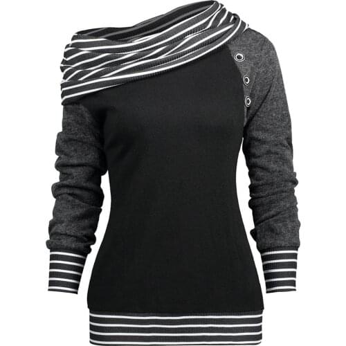 2018 Feitong Plus Size Women Sweatshirts Solid Color Skew Neck Long Sleeve Striped Patchwork Button Sweatshirt Fall Women Top