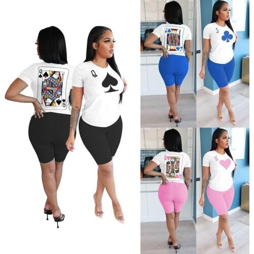 Women Casual Shorts Two Piece Set Printed Poker J Q K Club Outfit Short Sleeve T-shirt + Biker Short Pants Summer Tracksuit