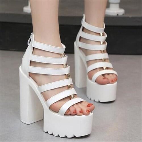 Chunky Heel Sandals Woman Platform Punk Shoes Waterproof PU ZIP 14CM Thick High Heels Open Toed Metal decoration shoes for woman