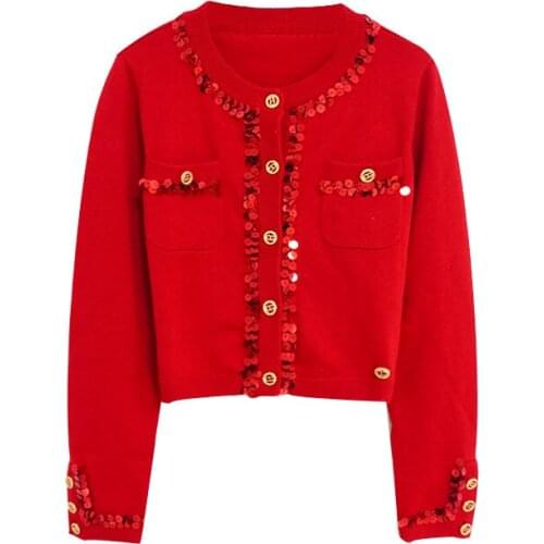Retro Lady in Red Sequined Bling Cardigan Women Sweater Long Sleeve Autumn Winter Lady Pull Femme Jersey Mujer
