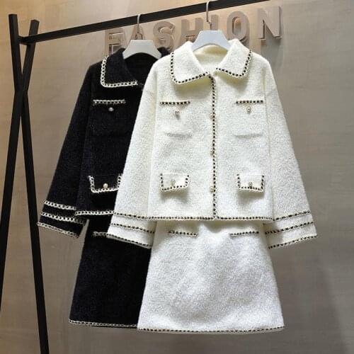 Women Fragrant Wind Knitted Jacket + Skirt Sweater Professional Suits Female Autumn New Blue Beige Stretch Two-Piece Sets