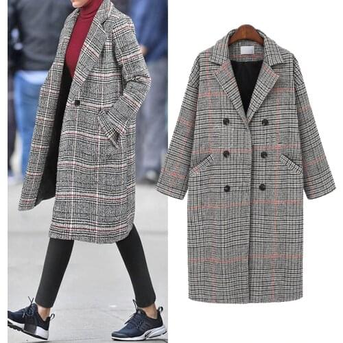 Autumn Winter Long Coat Women 2020 Casual Plus Size Plaid Double breasted Wool Blazers Jacket Female Elegant Overisze Outwear