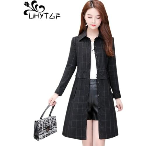 UHYTGF Female trench coat Fashion stripe spring autumn coat women Stand collar black plus size tops thin windbreaker womens 420