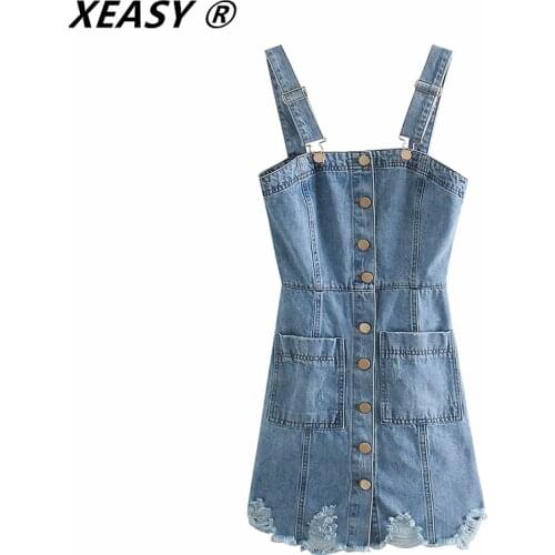 XEASY Woman 2021Summer Fashion Single-Breasted Pocket Blue Denim Dress Vintage Suspender Mini Chic Denim Dresses Vestidos Mujer