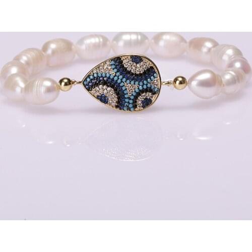 2020 new design charm natural freshwater pearl copper paved gold cz zircon connector beaded bracelet for woman dainty jewelry