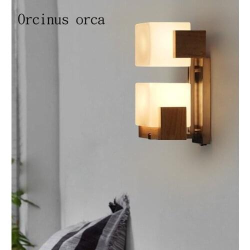 American retro double head oak wall lamp dining hall bedroom bedside lamp creative personality sugar cube wall lamp