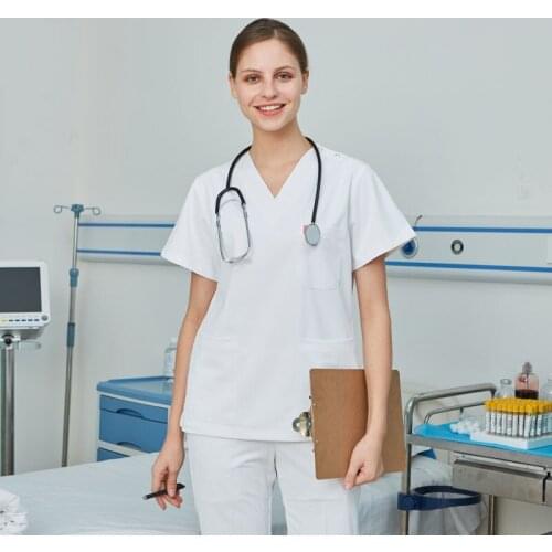 Anti-static Womens Nurse Uniform Scrub Set White Workwear V Neck Moisture Wicking Polyester Ultra Soft Working Scrubs Uniforms