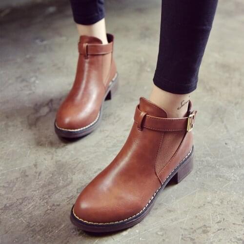 Women Ankle Boots Round Toe Leather Dress Woman Boots Autumn Cheap Fashion Low Heels Shoes Leather Boot Zapatos Retro Size 35-40