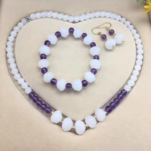 Natural Wada White Jade Jade Lotus Bracelet Bracelet Earrings Bracelet 2986
