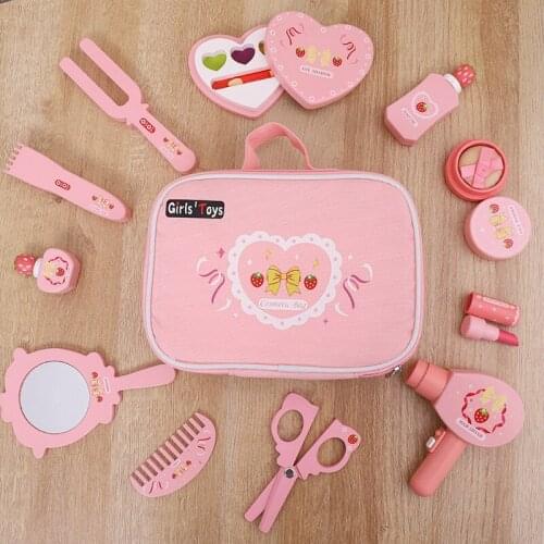 Wooden Pretend Play Makeup Playset Girls Simulation Beauty Accessories Kids Cosmetics Bag Toy Makeup Role Play Kits