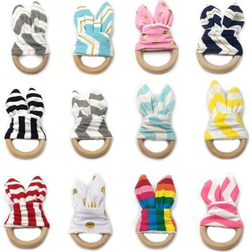 Baby Boy Rabbit Ear Teether Safe Organic Wood Teething Teether 70mm Safe Organic Wooden Ring Nursing Training Teethers Toy Gift