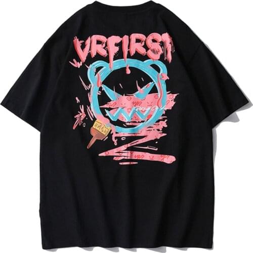 Cartoon Graffiti Print T Shirt Summer Men 100% Cotton Loose Short Sleeve Tees Korean Trend Creative Round Neck Couples T-Shirts