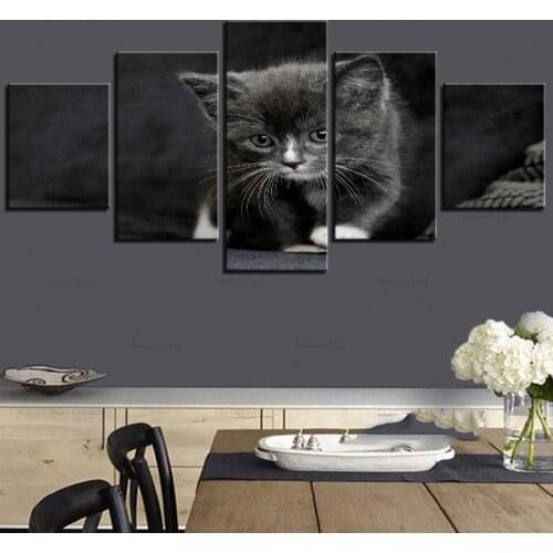 Hd Canvas Painting Wall Art for Living Room Home Decoration 5 Pieces Animals Black Small Cute Cat Modular Pictures and Posters
