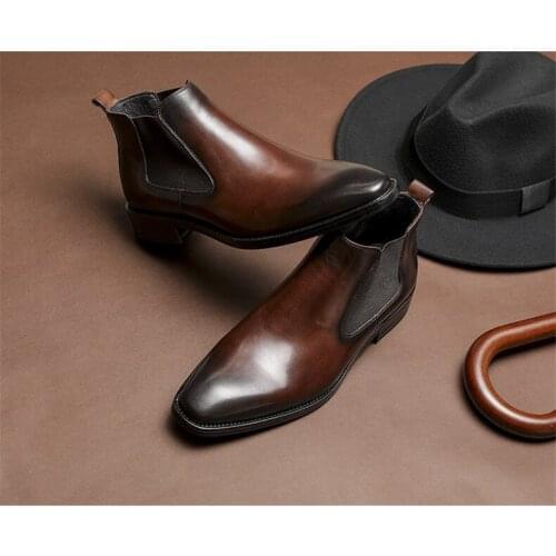 Italian Brands Black Pointed Toe Men Ankle Boots Spring Autumn Leather Botas Hombre Cowboy Military Boots Prom Dress Shoes