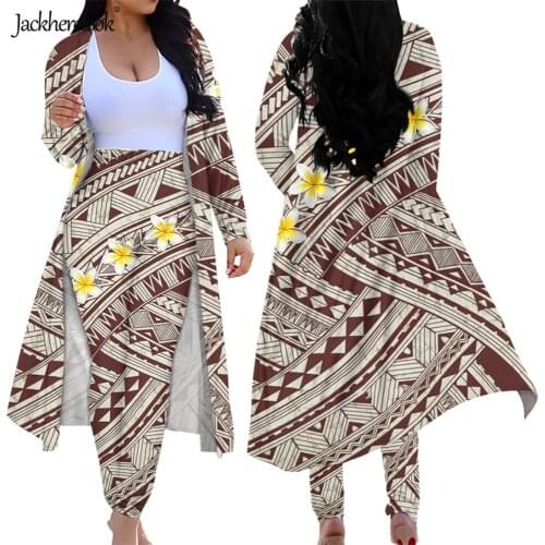 Jackherelook Vintage Maori Polynesian Tattoo Hibiscus Print Womens 2 Piece Outfits Open Front Cardigan Bodycon Long Pants 2021