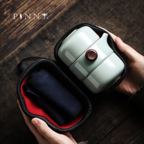 PINNY Retro Ceramic Cyan Glaze Portable Tea Set With Bag Travel Tea Service Chinese Kung Fu Teaware Sets 1 Pot 2 Cups