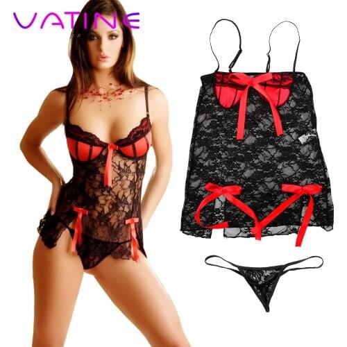 VATINE Floral Bow Lace Lingerie Hot Erotic Chemises G-String Underwear Womens Sexy/Sissy Lingerie Babydoll Nightwear