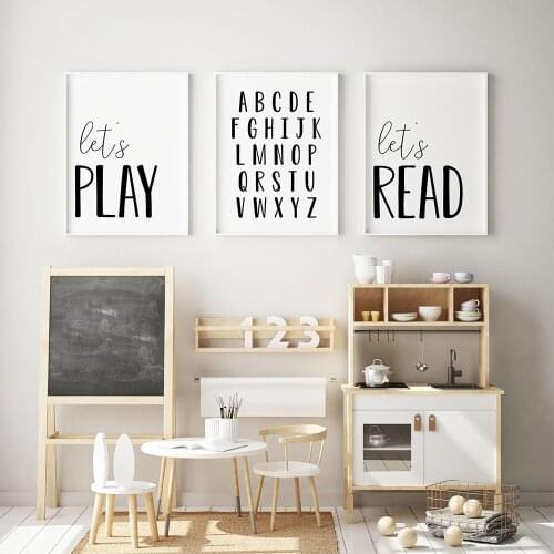 Lets Play Reading Quote Typography Printing Black and White ABC Modern Minimalist Wall Art Canvas Painting Nordic Poster Childr