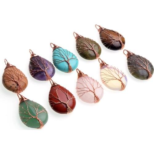 Sweetheart Quartz Pendant Water Drop Shaped Crystal Natural Stone Tree Of Life Necklace Wire Wrapped Necklaces For Women Jewelry