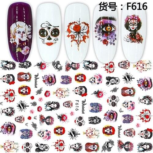 10PCS Halloween Nail Stickers Skull Head Abstract Human Face Flower Nail Art Design Love Rose Flower Girl Nail Slider