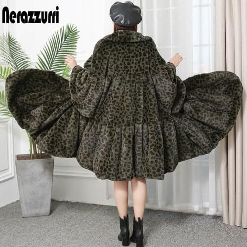 Nerazzurri Winter leopard faux fur coat women loose oversized skirted furry fluffy jacket long leopard print runway streetwear
