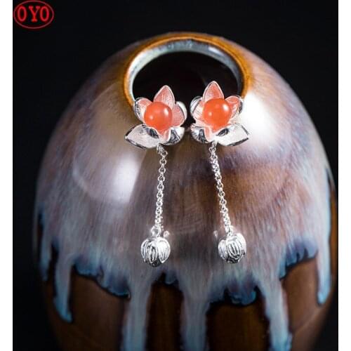 S925 silver new trendy ethnic style long southern red flower earrings