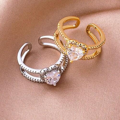 Opening Finger Rings for Women Double Layers Heart Design Ring Jewelry Gold Color кольца Imitation Rhinestone Adjustable Rings