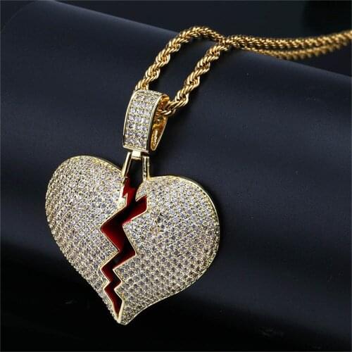 Red oil Broken Heart Pendant With 4mm Tennis Chain Necklace Gold Silver Color Cubic Zircon Mens Hip hop Street Rock Jewelry