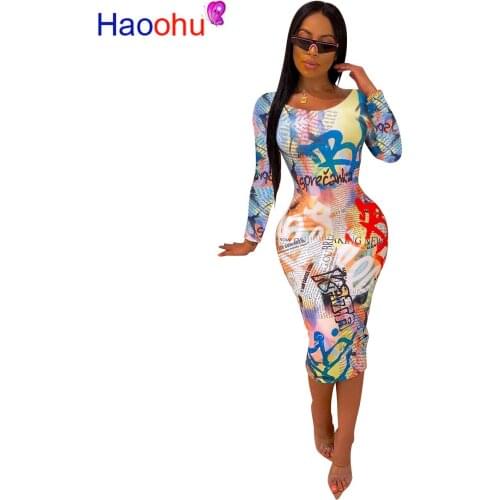 Letter Print Sexy Long Bandage Dress Women Scoop Neck Long Sleeve Bodycon Dresses Fall High Waist Skinny Night Club Party Dress