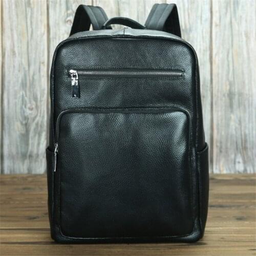 Black Genuine Leather 14'' Laptop Women Mens Backpack Female Male Travel Bags Roomy Nesitu New M019