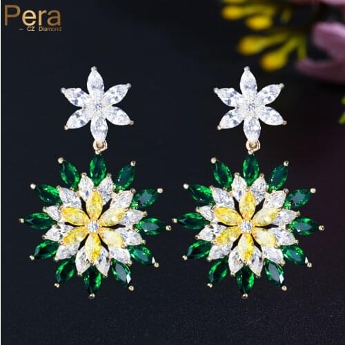 Pera Amazing Green Yellow CZ Crystal Gold Plated Long Dangle Big Sunflower Drop Earrings Luxury Bridal Wedding Ear Jewelry E781