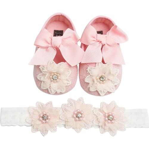 TELOTUNY Toddler Baby Girls Prewalker Bowknot Flower Princess Shoes Hook&Loop Soft Sole Anti-Slip Walkers Shoes+Headband Set