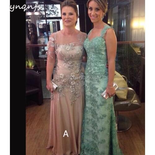 YNQNFS M76 Long 2018 Champagne Mother of the Bride Dresses Illusion Half Sleeve Chiffon Vestido Galajurk Party Gown