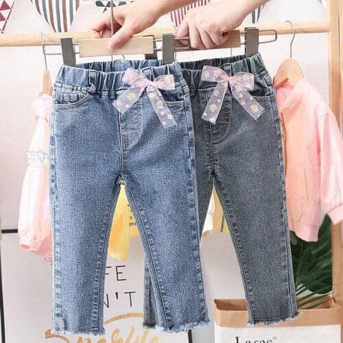 1-6Y Jeans For Girls Elegant Bow Cute Denim Pants Sweet Bowknot Stretch Lovely Spring Child Trousers Toddler Kid Baby Pants