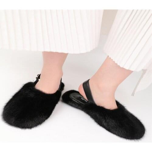 2021 Spring And Autumu Fur Slippers Real Mink Toe Flat Shoes Outdoor Shoes Ladies Fur Slippers