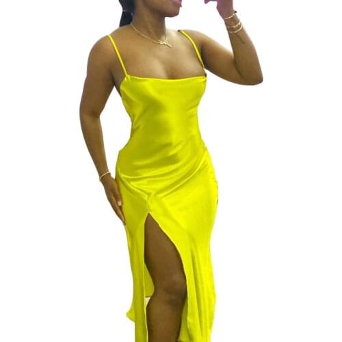 Fashion Sexy Womens Clothing Solid Color Slit Wide Neck Open Back Suspenders Long Tight Fitting Long Nightclub Party Dress