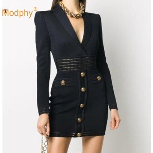 2020 Autumn Fashion New Sexy V-neck Long Sleeve Hollow Button Mini Dress Bodycon Club Celebrity Runway Banquet Dress Vestidos