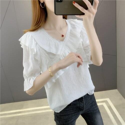 2021 New Arrival Limited 20508 (2 Outside Aisle 11) Film V-neck Pure Color Cross Lace Short-sleeved Shirt 41