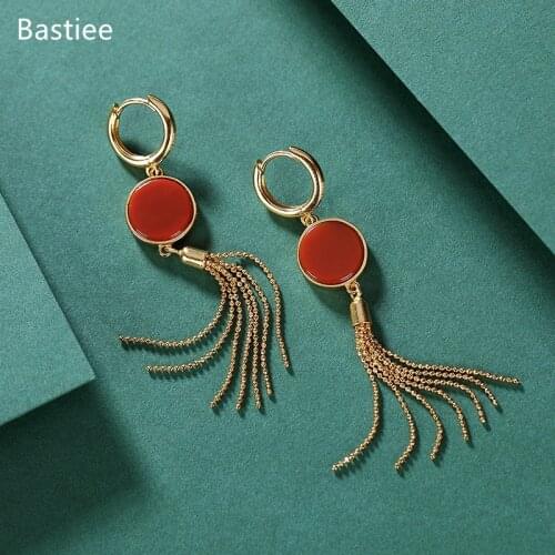 Bastiee Silver 925 Jewelry 925 Sterling Silver Earrings Dangle Earrings Vintage Korean Earrings Golden Plated Red Agate