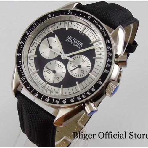 BLIGER 40mm Men Watch Mineral Glass Mechanical Wristwatch Leather Band Mental Back DG Movement