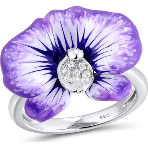 Elegant Huge Flower Petal 925 Silver Rings for Women Shiny AAA Zircon Bride Wedding Engagement Ring High Quality Enamel Jewelry