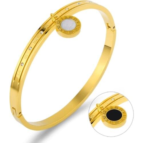 Luxury Brand Double Side Shells Bangles Round Crystals Bracelets Stainless Steel Roman Numeral Cuff Bracelets For Women Jewelry