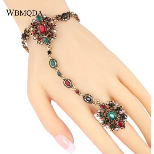 Ethnic Indian Jewelry Sets Antique Gold Colorful Resin Charm Bracelet Link Adjustable Ring Bohemian Wedding Accessories
