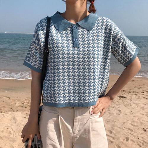 Korean Summer Women Polo Collar Short Sleeve T-Shirts Sweet Houndstooth Student Thin Knitted Top