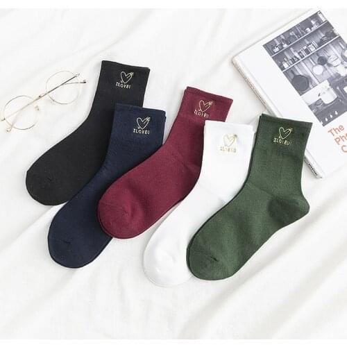 Letter Cotton Socks Women Love Black Fashion Casual Solid Color Short Sock Heart Lady Cute Female Funny Harajuku Middle Tube Sox