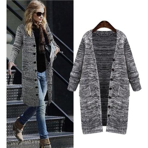 Queechalle Gray Color Cardigan Autumn Casual Knitted Long Sweater Coat Single Breasted Loose Outerwear Women Clothing XL
