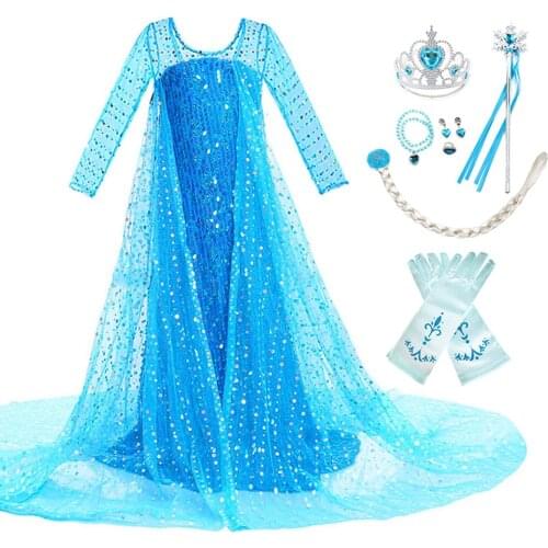 Girls Princess Costume Children Christmas Sparkle Blue Fancy Dress Up Carnival Outfits Kids Birthday Party Cosplay Elsa Clothing